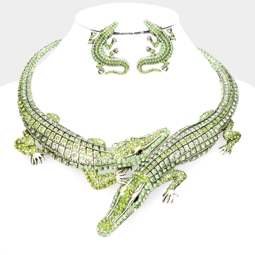 Green Crystal Double Alligator Necklace Crocodile Animal Statement Jewelry Set